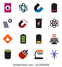 solid vector icon set - atom vector, table lamp, magnet, enegry drink, flammable, oil barrel, battery, rca, solar panel, windmill
