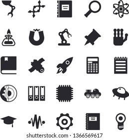 Solid vector icon set - atom flat vector, notepad, robot hand, rocket, satellit, gas burner, bachelor cap, cpu, textbook, magnet, magnifier, notebook, cogwheel, pushpin, industrial, calculator, ufo