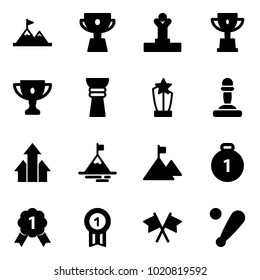 Solid vector icon set - attainment vector, cup, winner, win, gold, award, pawn, arrows up, mountain, medal, flags cross, baseball bat