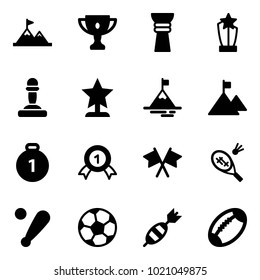 Solid vector icon set - attainment vector, gold cup, award, pawn, mountain, medal, flags cross, badminton, baseball bat, soccer ball, dart, football