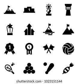 Solid vector icon set - attainment vector, pedestal, award, arrows up, mountain, gold medal, flags cross, volleyball, badminton, billiards balls, baseball bat, dart