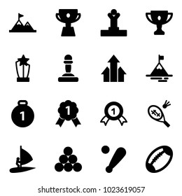 Solid vector icon set - attainment vector, cup, winner, gold, award, pawn, arrows up, mountain, medal, badminton, windsurfing, billiards balls, baseball bat, football