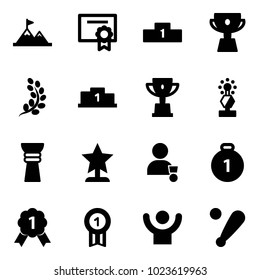 Solid vector icon set - attainment vector, certificate, pedestal, cup, golden branch, win, award, winner, gold medal, success, baseball bat