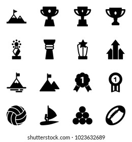 Solid vector icon set - attainment vector, cup, win, gold, award, arrows up, mountain, medal, volleyball, windsurfing, billiards balls, football