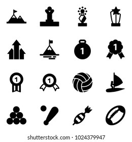 Solid vector icon set - attainment vector, winner, award, arrows up, mountain, gold medal, volleyball, windsurfing, billiards balls, baseball bat, dart, football