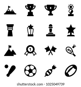 Solid vector icon set - attainment vector, win cup, gold, award, pawn, mountain, medal, flags cross, badminton, baseball bat, soccer ball, dart, football