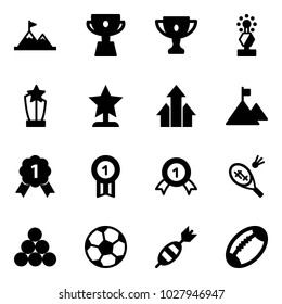Solid vector icon set - attainment vector, cup, gold, award, arrows up, mountain, medal, badminton, billiards balls, soccer ball, dart, football