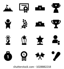 Solid vector icon set - attainment vector, certificate, pedestal, cup, success, golden branch, gold, award, winner, medal, flags cross, baseball bat