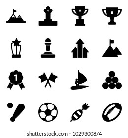 Solid vector icon set - attainment vector, winner, win cup, gold, award, pawn, arrows up, mountain, medal, flags cross, windsurfing, billiards balls, baseball bat, soccer ball, dart, football