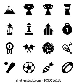 Solid vector icon set - attainment vector, cup, win, award, pawn, arrows up, gold medal, flags cross, volleyball, badminton, baseball bat, soccer ball, dart, football