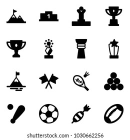 Solid vector icon set - attainment vector, pedestal, winner, win cup, gold, award, mountain, flags cross, badminton, billiards balls, baseball bat, soccer ball, dart, football