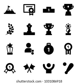 Solid vector icon set - attainment vector, certificate, pedestal, cup, golden branch, winner, win, award, gold medal, flags cross, success, baseball bat