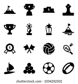 Solid vector icon set - attainment vector, cup, pedestal, winner, gold, award, mountain, medal, flags cross, volleyball, badminton, windsurfing, billiards balls, soccer ball, football