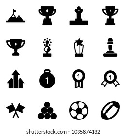 Solid vector icon set - attainment vector, cup, winner, win, gold, award, pawn, arrows up, medal, flags cross, billiards balls, soccer ball, football