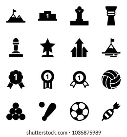 Solid vector icon set - attainment vector, pedestal, winner, award, pawn, arrows up, mountain, gold medal, volleyball, billiards balls, baseball bat, soccer ball, dart