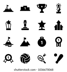 Solid vector icon set - attainment vector, pedestal, gold cup, award, pawn, arrows up, mountain, medal, volleyball, badminton, baseball bat
