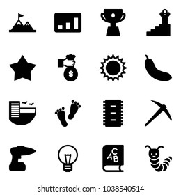 Solid vector icon set - attainment vector, statistics, cup, success, star medal, rich, sun, banana, hotel, feet, chip, axe, drill, bulb, abc book, toy caterpillar