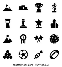 Solid vector icon set - attainment vector, pedestal, win cup, award, pawn, arrows up, mountain, gold medal, flags cross, volleyball, billiards balls, soccer ball, dart, football