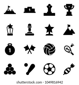 Solid vector icon set - attainment vector, pedestal, winner, win cup, award, pawn, mountain, gold medal, flags cross, volleyball, badminton, billiards balls, baseball bat, soccer ball, dart
