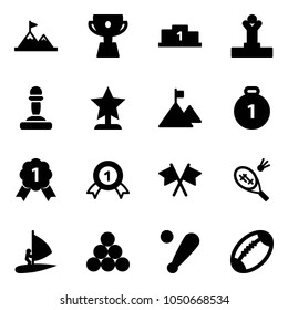 Solid vector icon set - attainment vector, cup, pedestal, winner, pawn, award, mountain, gold medal, flags cross, badminton, windsurfing, billiards balls, baseball bat, football