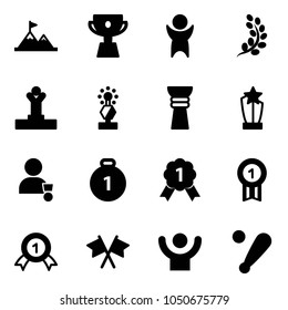 Solid vector icon set - attainment vector, cup, success, golden branch, winner, award, gold medal, flags cross, baseball bat