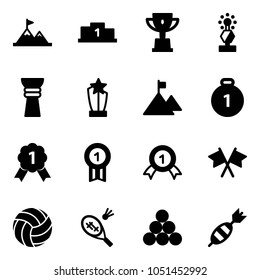 Solid vector icon set - attainment vector, pedestal, win cup, award, mountain, gold medal, flags cross, volleyball, badminton, billiards balls, dart