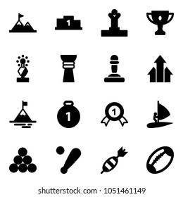 Solid vector icon set - attainment vector, pedestal, winner, gold cup, award, pawn, arrows up, mountain, medal, windsurfing, billiards balls, baseball bat, dart, football