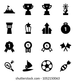 Solid vector icon set - attainment vector, cup, win, award, arrows up, gold medal, flags cross, badminton, windsurfing, soccer ball, dart