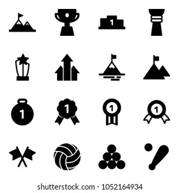 Solid vector icon set - attainment vector, cup, pedestal, award, arrows up, mountain, gold medal, flags cross, volleyball, billiards balls, baseball bat