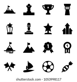 Solid vector icon set - attainment vector, winner, gold cup, award, pawn, arrows up, mountain, medal, flags cross, windsurfing, soccer ball, dart