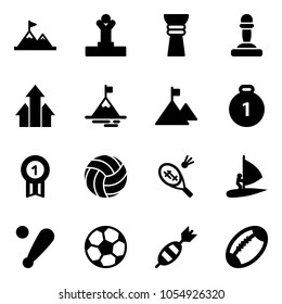 Solid vector icon set - attainment vector, winner, award, pawn, arrows up, mountain, gold medal, volleyball, badminton, windsurfing, baseball bat, soccer ball, dart, football