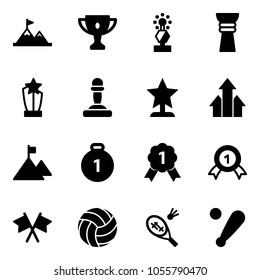 Solid vector icon set - attainment vector, gold cup, award, pawn, arrows up, mountain, medal, flags cross, volleyball, badminton, baseball bat