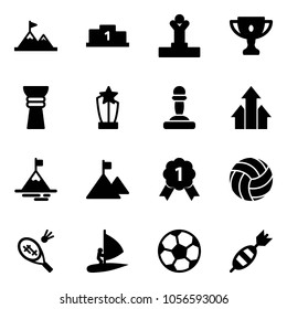 Solid vector icon set - attainment vector, pedestal, winner, gold cup, award, pawn, arrows up, mountain, medal, volleyball, badminton, windsurfing, soccer ball, dart