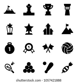 Solid vector icon set - attainment vector, winner, win cup, award, arrows up, mountain, gold medal, flags cross, volleyball, badminton, billiards balls, baseball bat, dart