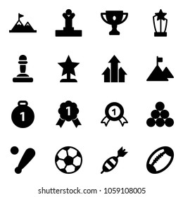 Solid vector icon set - attainment vector, winner, gold cup, award, pawn, arrows up, mountain, medal, billiards balls, baseball bat, soccer ball, dart, football