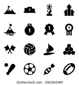 Solid vector icon set - attainment vector, pedestal, award, arrows up, mountain, gold medal, flags cross, volleyball, windsurfing, billiards balls, baseball bat, soccer ball, dart, football