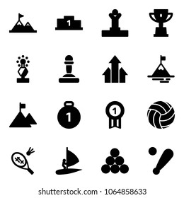 Solid vector icon set - attainment vector, pedestal, winner, win cup, award, pawn, arrows up, mountain, gold medal, volleyball, badminton, windsurfing, billiards balls, baseball bat