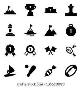 Solid vector icon set - attainment vector, cup, pedestal, winner, pawn, mountain, gold medal, flags cross, badminton, windsurfing, baseball bat, dart, football