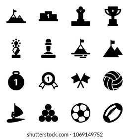 Solid vector icon set - attainment vector, pedestal, winner, win cup, award, pawn, mountain, gold medal, flags cross, volleyball, windsurfing, billiards balls, soccer ball, football