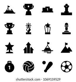 Solid vector icon set - attainment vector, cup, pedestal, winner, win, award, pawn, arrows up, mountain, gold medal, volleyball, baseball bat, soccer ball