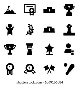 Solid vector icon set - attainment vector, certificate, pedestal, cup, success, golden branch, winner, gold, award, medal, flags cross, baseball bat