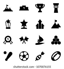 Solid vector icon set - attainment vector, pedestal, gold cup, award, arrows up, mountain, medal, flags cross, windsurfing, billiards balls, baseball bat, soccer ball, dart, football
