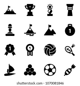 Solid vector icon set - attainment vector, win cup, award, pawn, mountain, gold medal, volleyball, badminton, windsurfing, billiards balls, soccer ball, dart