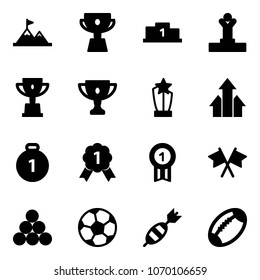 Solid vector icon set - attainment vector, cup, pedestal, winner, win, gold, award, arrows up, medal, flags cross, billiards balls, soccer ball, dart, football