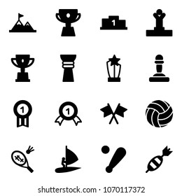 Solid vector icon set - attainment vector, cup, pedestal, winner, win, award, pawn, gold medal, flags cross, volleyball, badminton, windsurfing, baseball bat, dart
