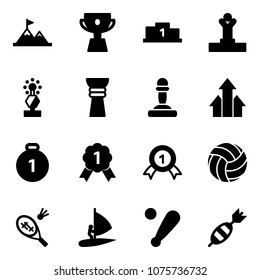 Solid vector icon set - attainment vector, cup, pedestal, winner, award, pawn, arrows up, gold medal, volleyball, badminton, windsurfing, baseball bat, dart