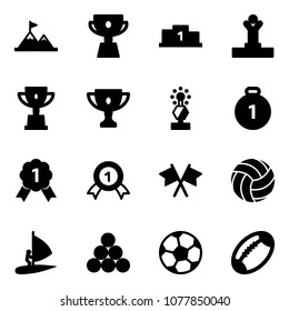Solid vector icon set - attainment vector, cup, pedestal, winner, win, gold, award, medal, flags cross, volleyball, windsurfing, billiards balls, soccer ball, football