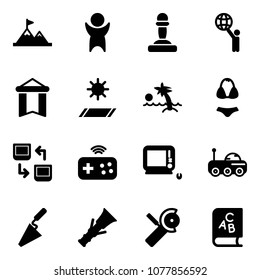 Solid vector icon set - attainment vector, success, pawn, world, pennant, mat, palm, swimsuit, data exchange, joystick wireless, monoblock pc, moon rover, trowel, dowel, Angular grinder, abc book