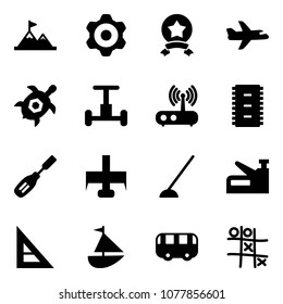 Solid vector icon set - attainment vector, gear, star medal, plane, sea turtle, gyroscope, wi fi router, chip, chisel, milling cutter, hoe, stapler, corner ruler, sailboat toy, bus, Tic tac toe