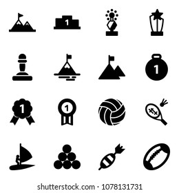 Solid vector icon set - attainment vector, pedestal, award, pawn, mountain, gold medal, volleyball, badminton, windsurfing, billiards balls, dart, football